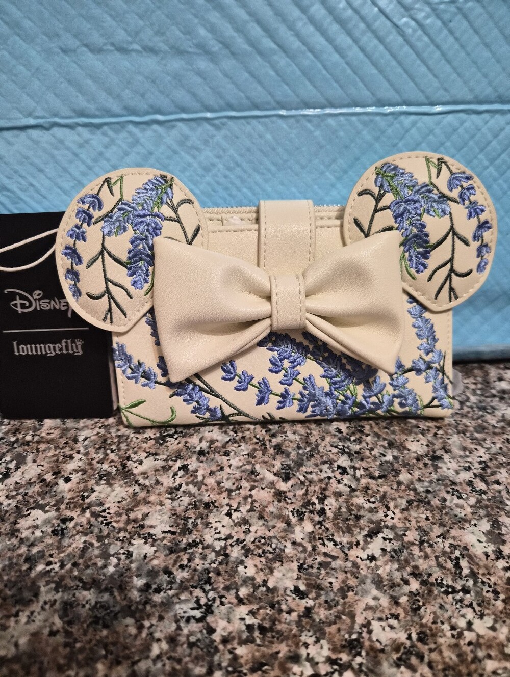 Loungefly Cream Wallet with Blue Floral Minnie Ears and Bow Accent